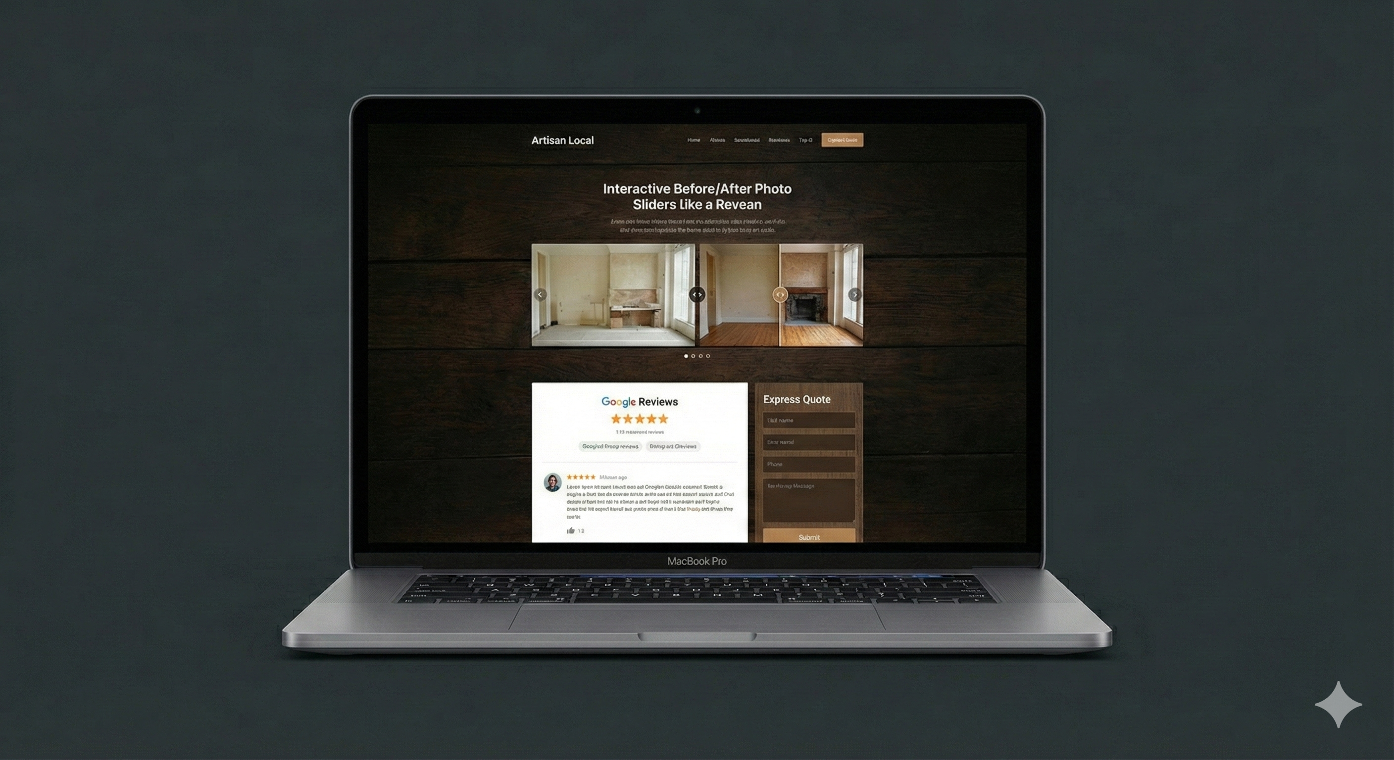 Maquette de site vitrine avec style artisan : avant/après interactifs, intégration Google Avis et formulaire de devis